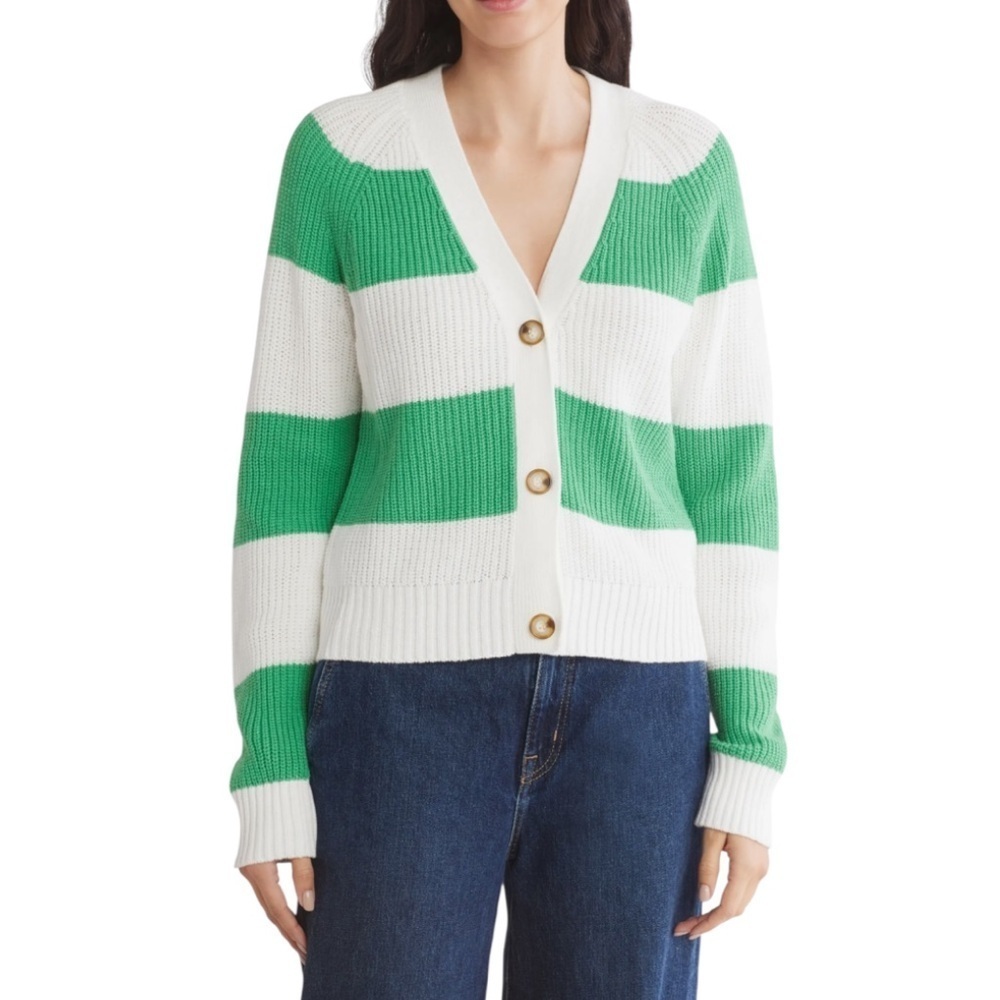 Design History Button Front Green and White Striped Varsity Cardigan Sz Large